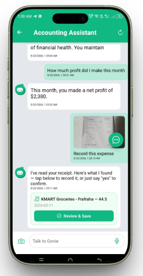 Genie AI chat showing profit question answered and receipt automatically recorded