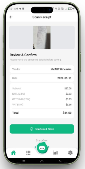 Scan Receipt - Review and Confirm screen showing vendor, amount and taxes extracted automatically